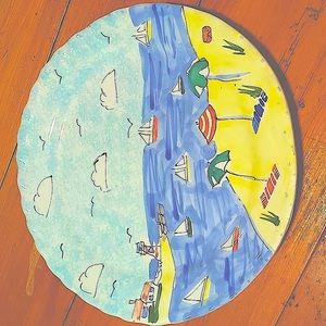 Mesa International, Handmade in Hungary, Beach Scene Plate, Scalloped Edge, 12"